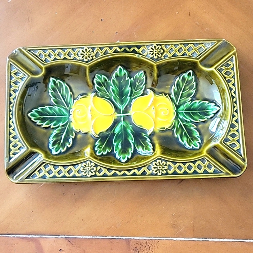 Vintage Ceramic Tray with Yellow and Green Floral Design